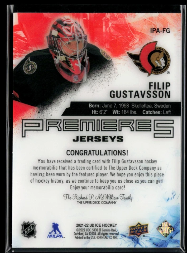 2021-22 Upper Deck Ice Premieres Jersey #IPA-FG Filip Gustavsson RC - Image 2 of 2