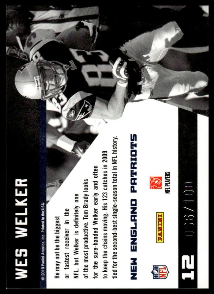 2010 Panini Threads #12 Wes Welker Century Stars Holofoil #/100 - Image 2 of 2