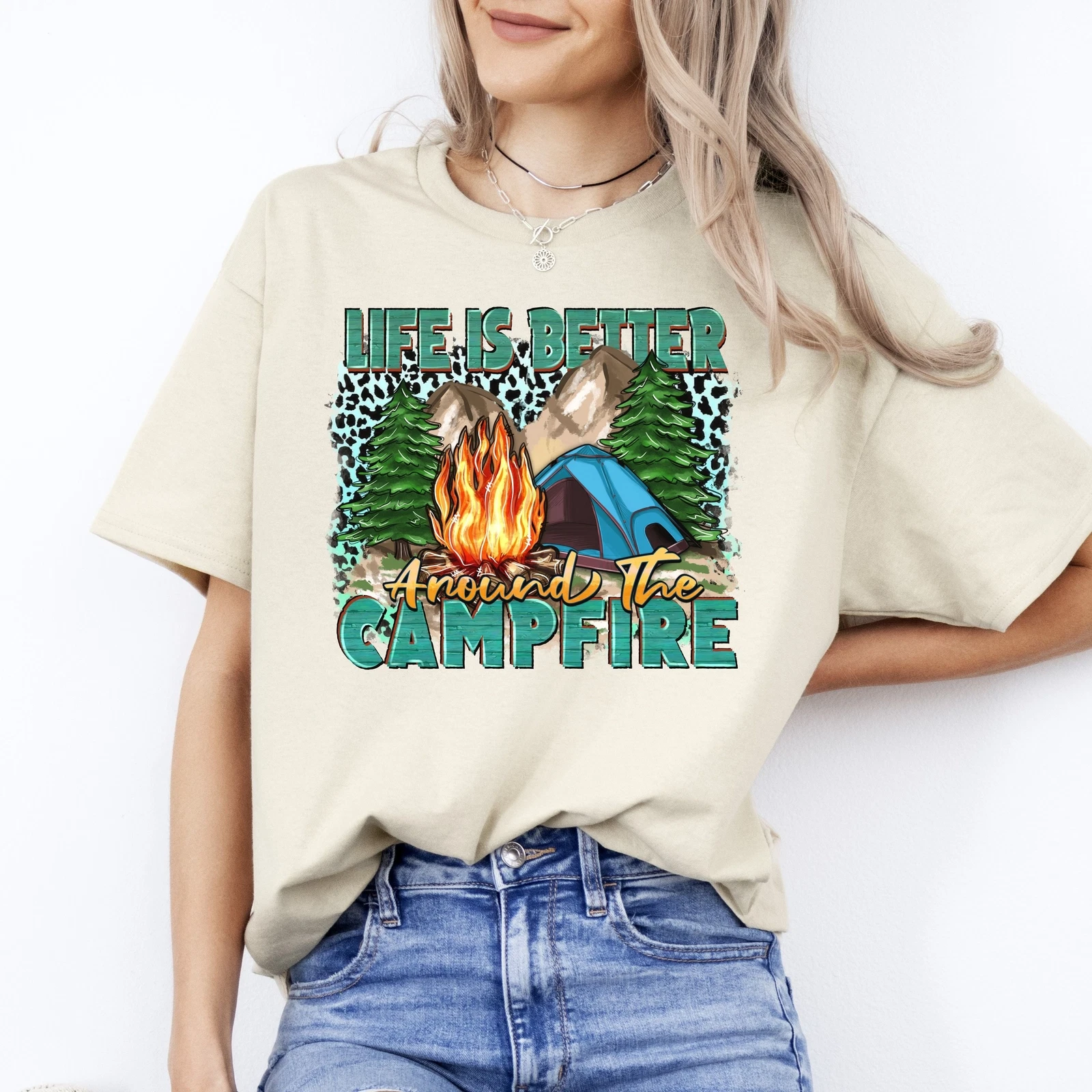 Life is better around the campfire T-Shirt gift Forest camping Unisex Tee Sand W