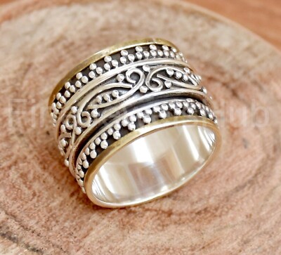 925 Sterling Silver Women Two Tone Spinner Ring Handmade Thumb Band Jewelry