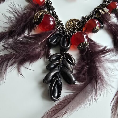 STUNNING WOMEN ALL SAINTS VINTAGE CINTA STATEMENT COIN FEATHER NECKLACE RARE NWT - Picture 3 of 20