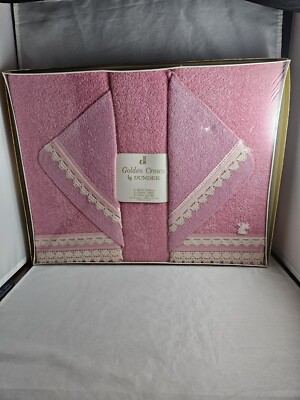 NOS Dundee VTG 5 Piece Gift Towel Set Pink Ivory Lace & Pink Ribbon Cottagecore 