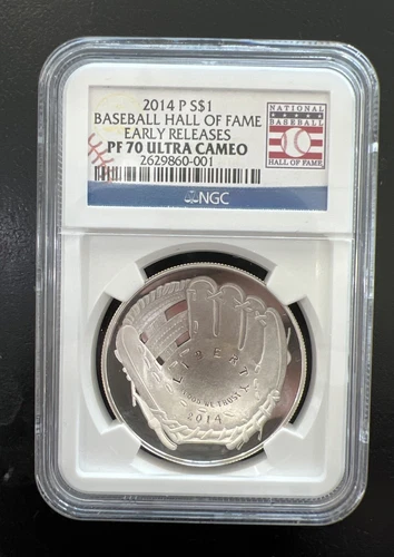 • 2014 P S$1 Baseball Hall Of Fame Early Releases NGC PF 70 Silver Ultra Cameo