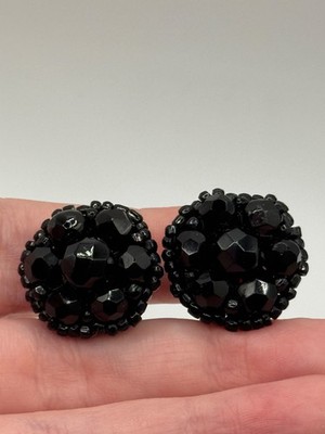 Vintage Miriam Haskell Earrings Clip On Black Glass Beaded Cluster Signed