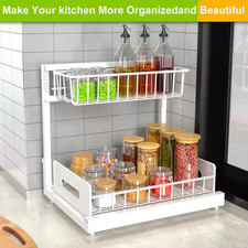 2 Pack Metal under Sink Organizer Adjustable 2 Tier Pull Out Storage Shelf Slide