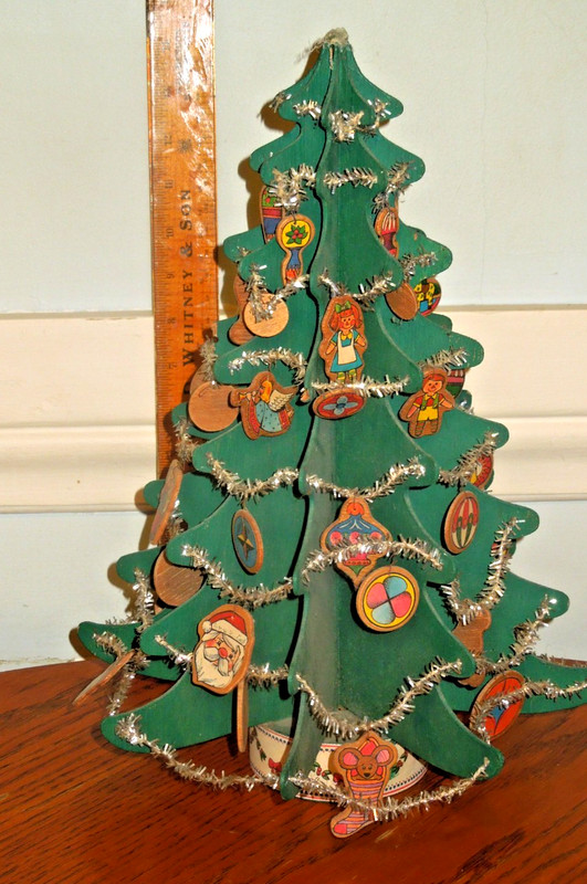 Vintage Wood Christmas Tree With Wood Ornaments Germany