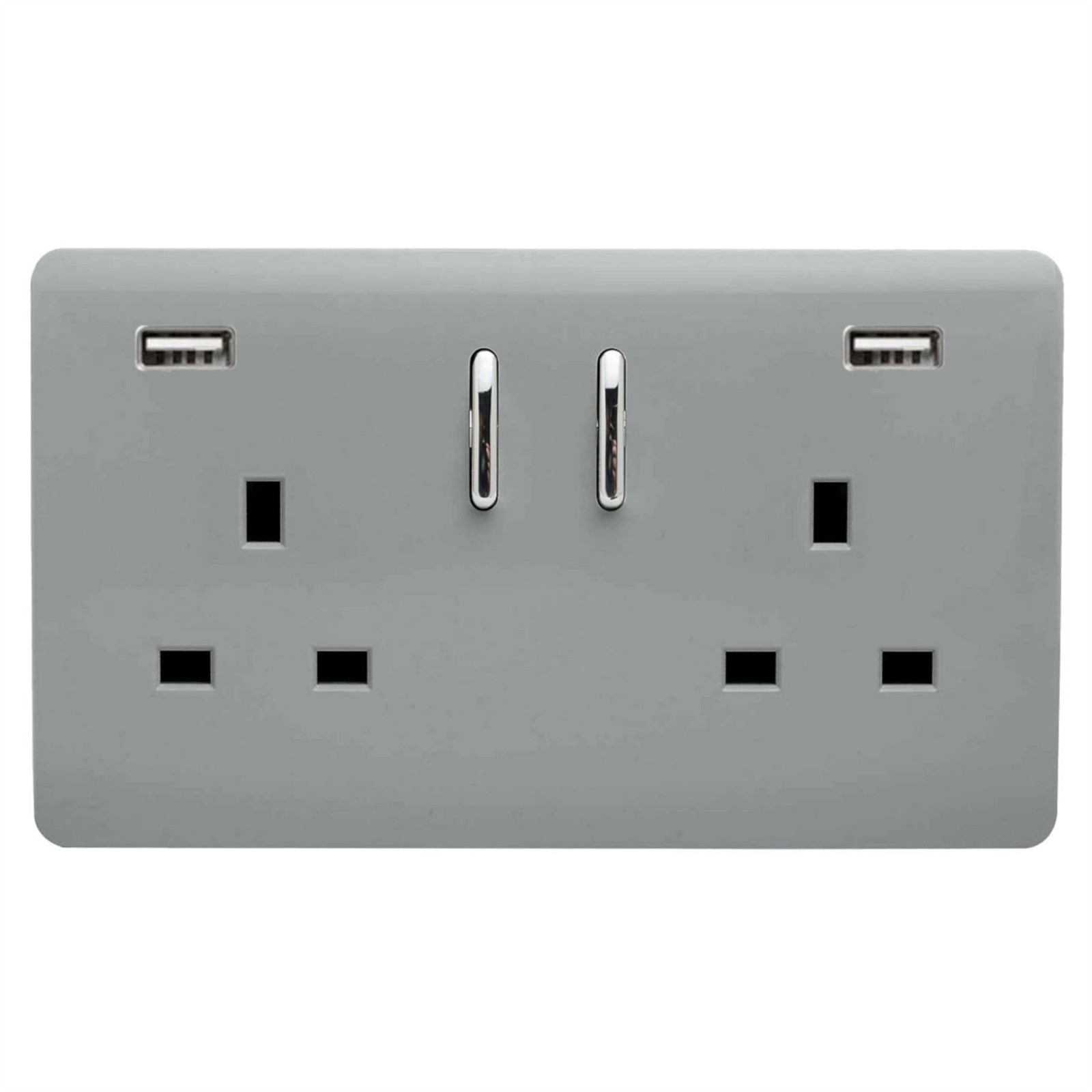 Trendi 2 Gang Modern Glossy 13 Amp 2 x 3.1A USB Switched Plug Socket Silver - Image 2