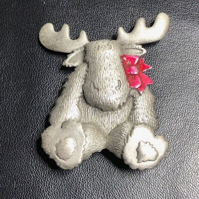 B0257 JJ Jonette Silver Tone Cute Moose Brooch Pin 2 inch with Red Bow Accent
