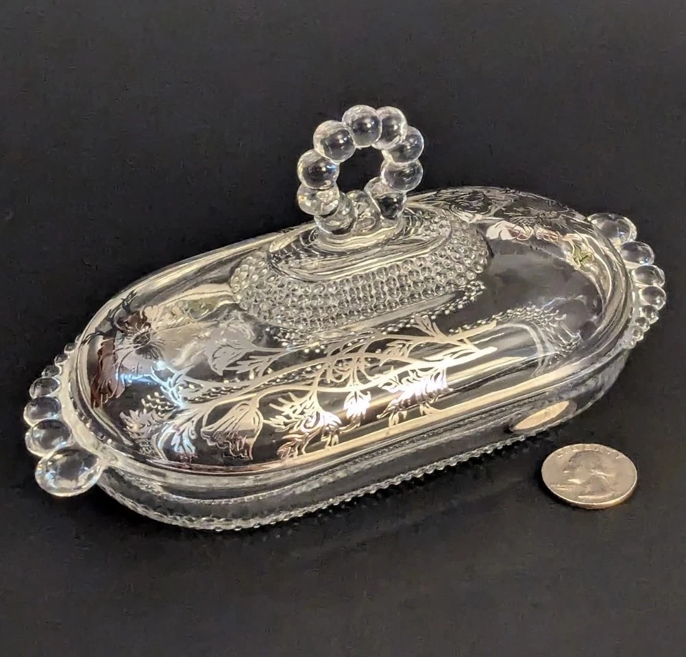 Vintage Duncan & Miller Glass Butter Dish w/ Sterling Silver Overlay MINT