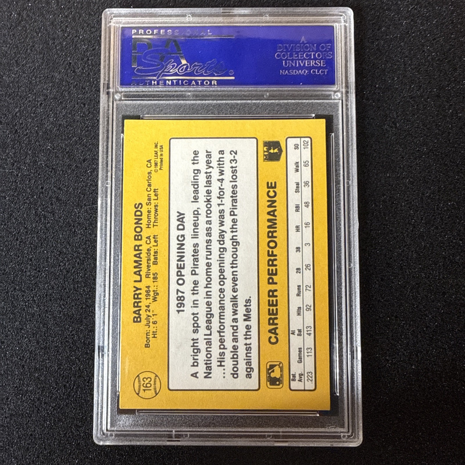 1987 Donruss Opening Day - Barry Bonds #163 Barry Bonds Pictured (RC) PSA 9 view 2