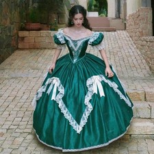 Princess Vintage Green Satin Wedding Dresses Boat Neck Puff Sleeve Beading