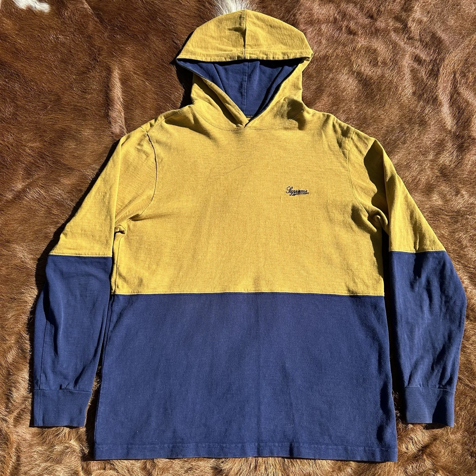 Sweat à capuche FW16 Supreme 2 tons haut jaune marine grand logo skate sweatshirt