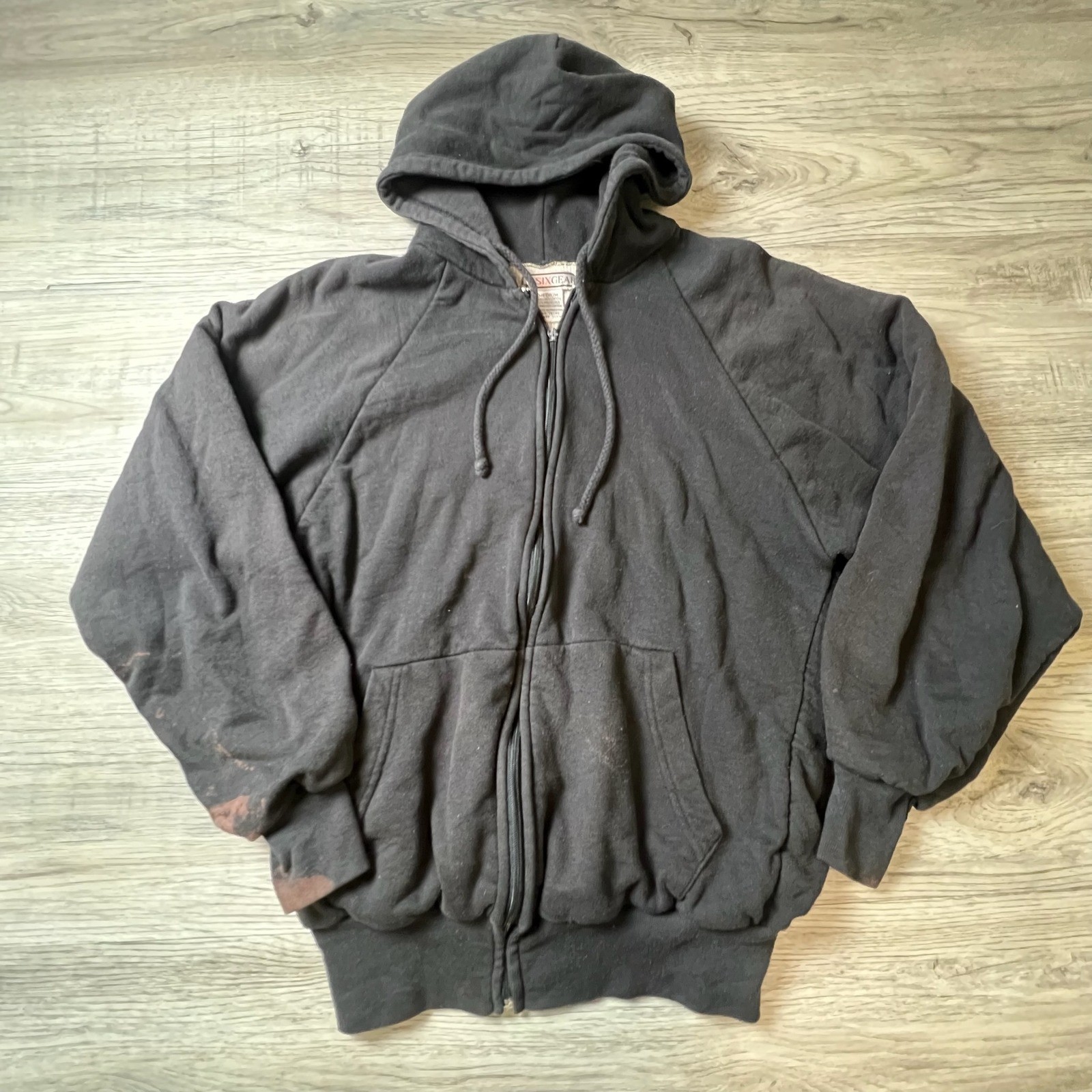 Basix Gear Zip Hoodie Mens Medium Black Waffle Lined Distressed Vintage Grunge