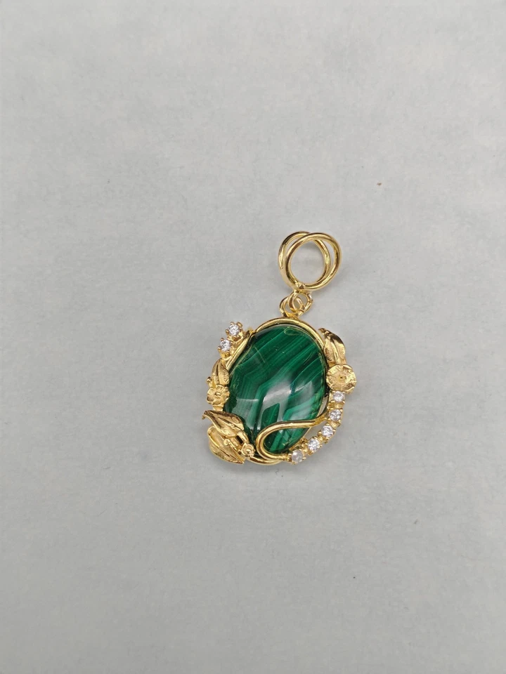 Ciondolo donna malachite verde argento 925 placcato oro giallo fatto a mano - Immagine 2 di 4