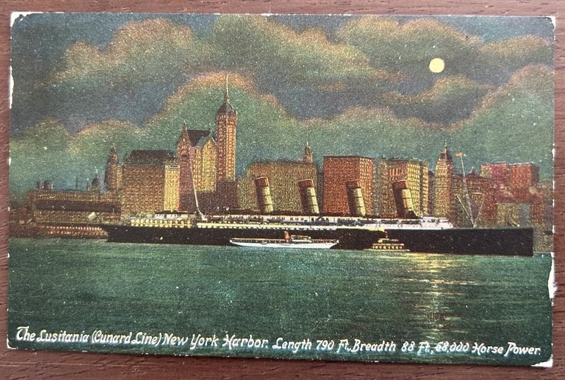 LUSITANIA (Cunard) VERY SCARCE Post Card shows LINER AT NIGHT at New York