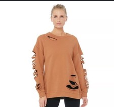 ALO Yoga Fade Distressed Pullover Crewneck Sweatshirt Womens Size XS Henna Tan