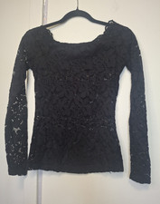 Black Floral Lace Scoop Neck Long Sleeve Pullover Top Women's S