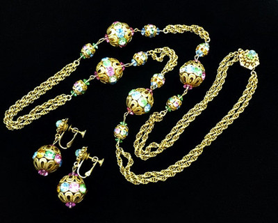 Vintage Miriam Haskell Rhinestone Multi Strand Necklace and Earring Set EUC