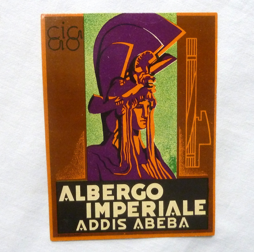 KAISERLICHES HOTELLABEL ADDIS ABEBA AOI KOLONIALAFRIKA 1930er LUGGAGE LABEL