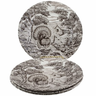 Queen's Harvest Homestead Turkey Thanksgiving Dinner Plates Set of 4 Brown