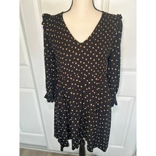 Madewell Smocked Polka Dot Babydoll Mini Dress Black Gold V-Neck Pockets Small