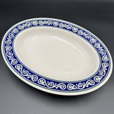 Pier 1 Ceramic Oval Serving Bowl Vitra Scroll Blue Trim 12.5 x 9.75  Vintage