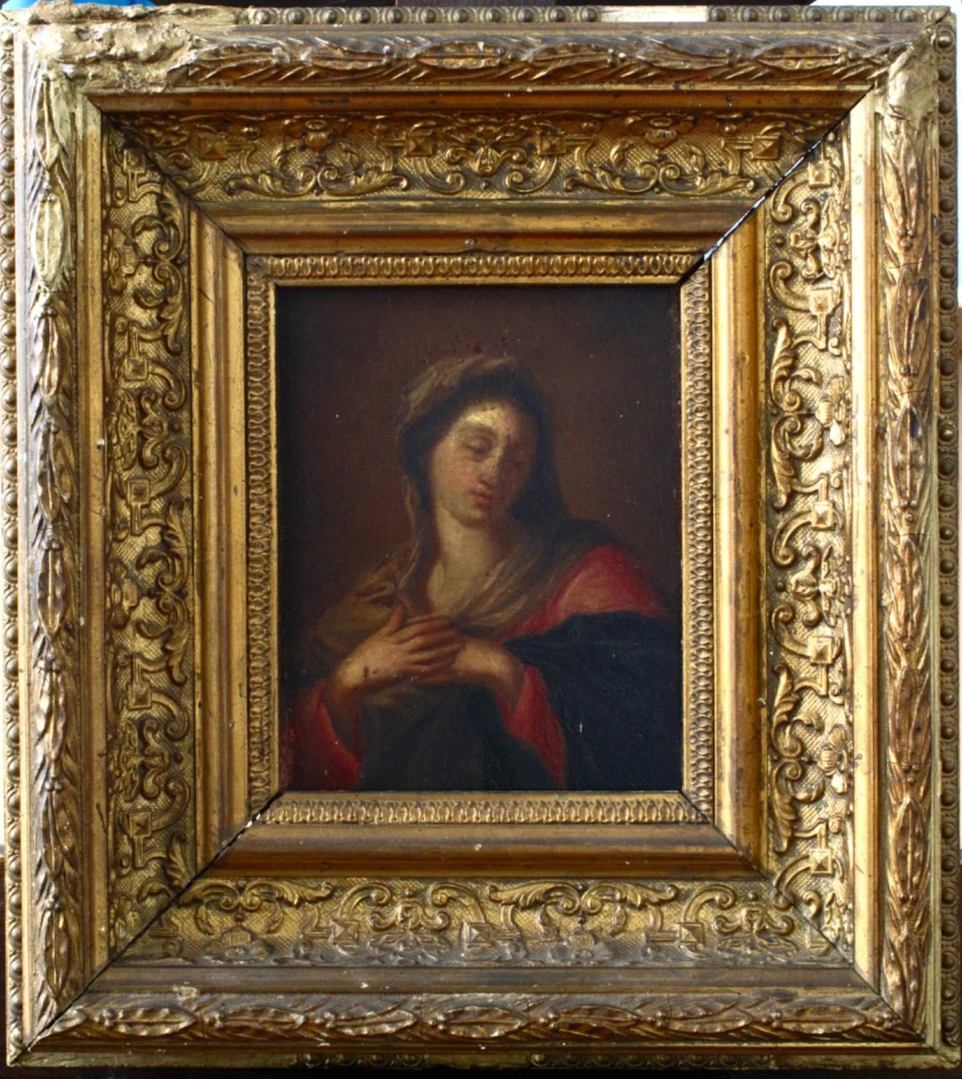 Tableau Peinture à L'huile XIXe Siècle - Portrait Jeune Femme Avec Fleurs Sur Panneau Bois