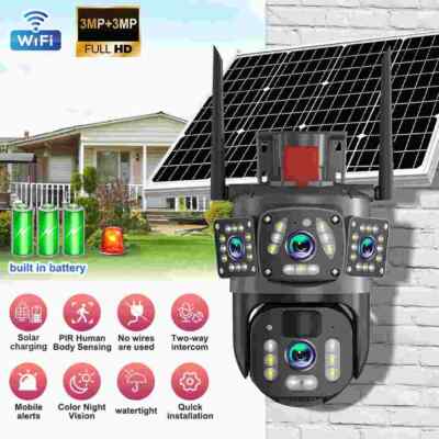 3 Lens WiFi Solar Camera Wireless 6MP Outdoor Battery Security Camera PTZ System