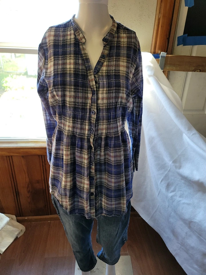 Camisa Miley Cyrus Max Azria Azul a Cuadros Botón Mangas 3/4 Pestaña Rodante Talla XL Cincha Foto 2 de 4