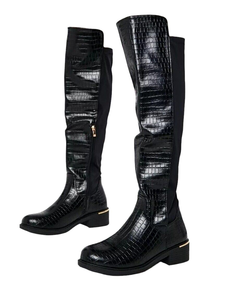 Flat Knee Boots Croc Flat Boots Womens Black Over The Knee Zipper