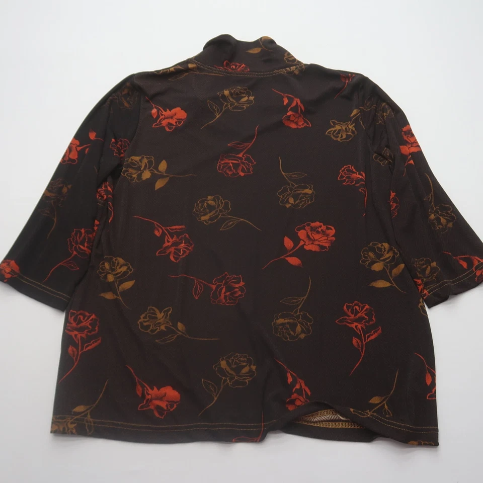 Kathy Ireland Blouse 1X Floral Print Stretch Knit Non Wrinkle V Neck Brown Top - Image 2 of 4