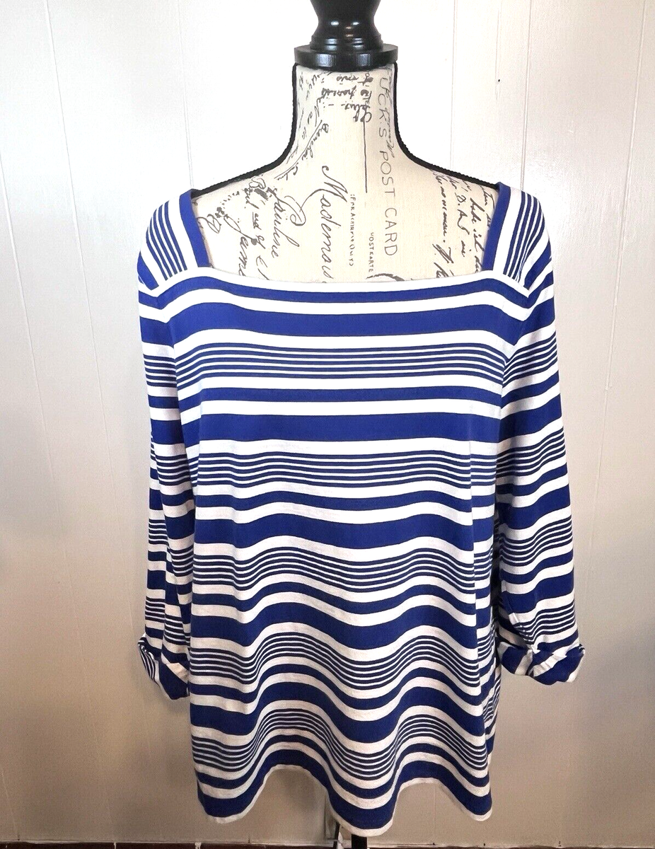 Talbots Women Size 2X Blu White Stripes 3/4 Sleeve Cotton