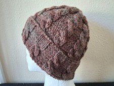 Hand knitted warm wool blend beanie/hat, brown tones/wood