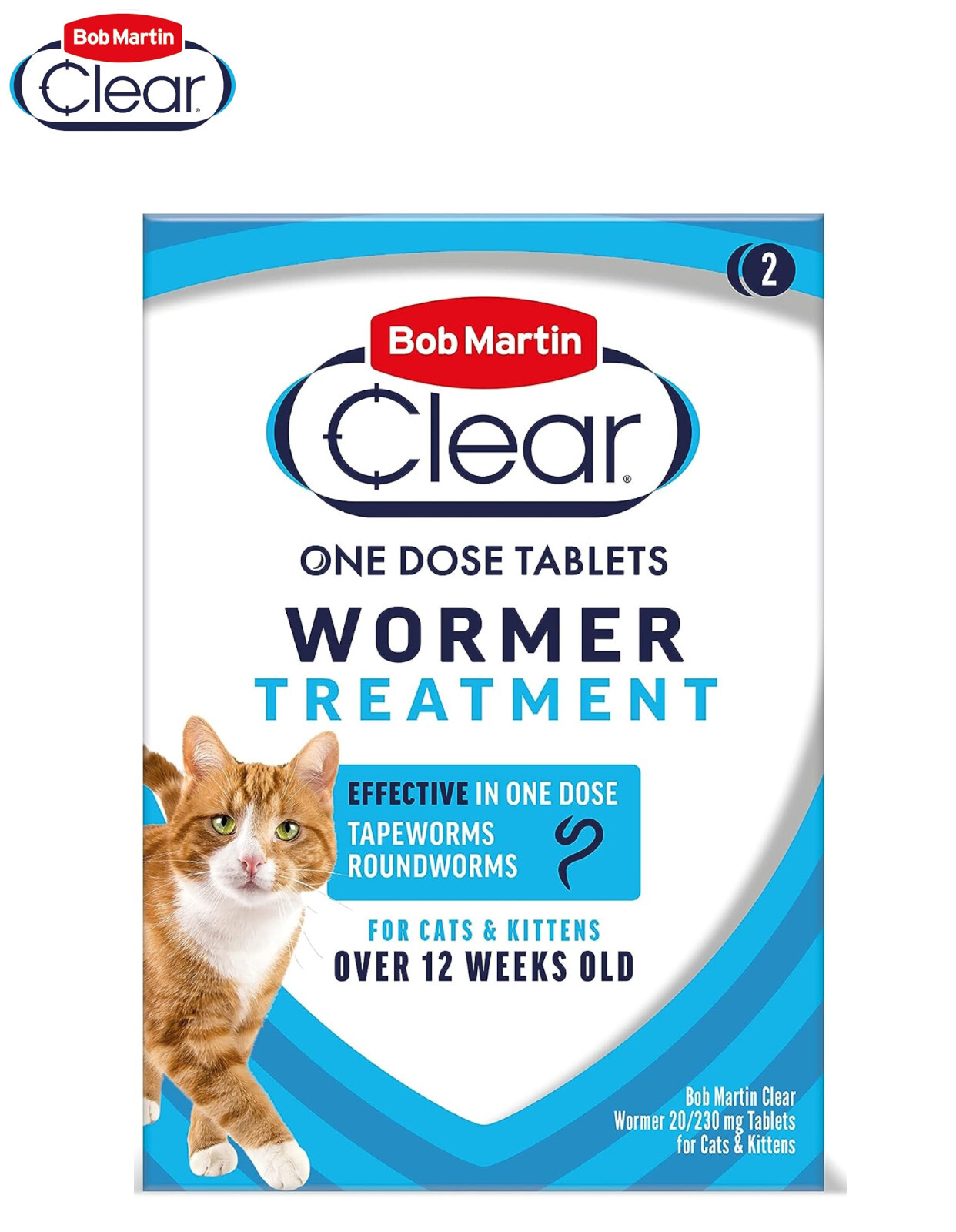 BOB MARTIN CLEAR ONE DOSE WORMING TABLET CATS KITTENS WORMER TREATMENT 2 TABLETS