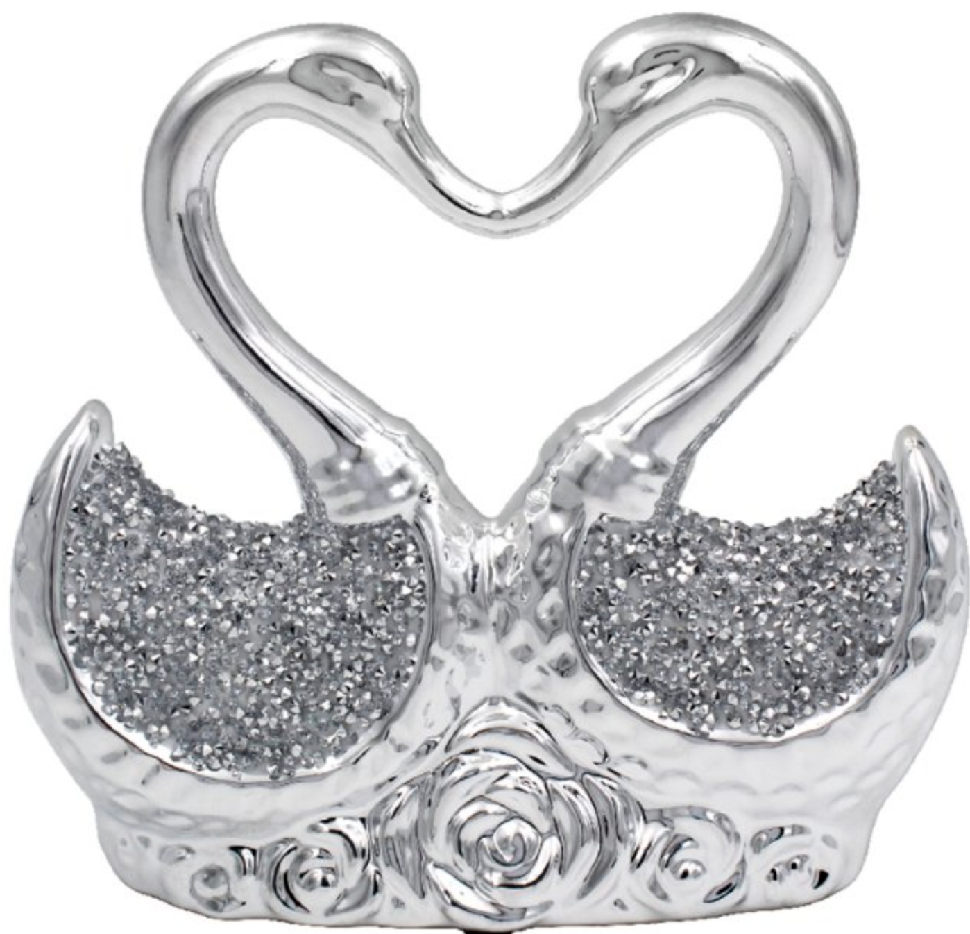 Swan Pair Crushed Diamond Glittery Ceramic Statue Silver Swans Ornament Leonardo