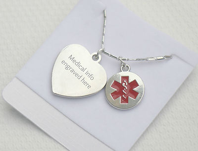 ENGRAVED LADIES MEDICAL ALERT ID NECKLACE PENDANT ALLERGY DIABETES CONTACT  INFO UK
