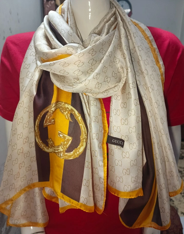 Gucci cream/beige 100% silk rectangle scarf wrap with brown and gold/yellow... - Image 2 of 4