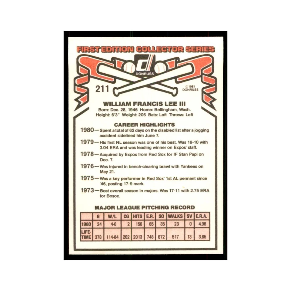 1981 Donruss Bill Lee Baseball Cards #211.0 - Image 2 of 3