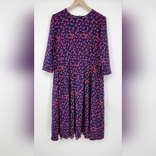 Navy Pink Womens Midi Dress Size XL Floral Pleated Garden Party Cottage - Picture 2 of 9
