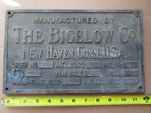 Large New Haven CT bronze builder's plate The Bigelow Co  steam engine boilers
