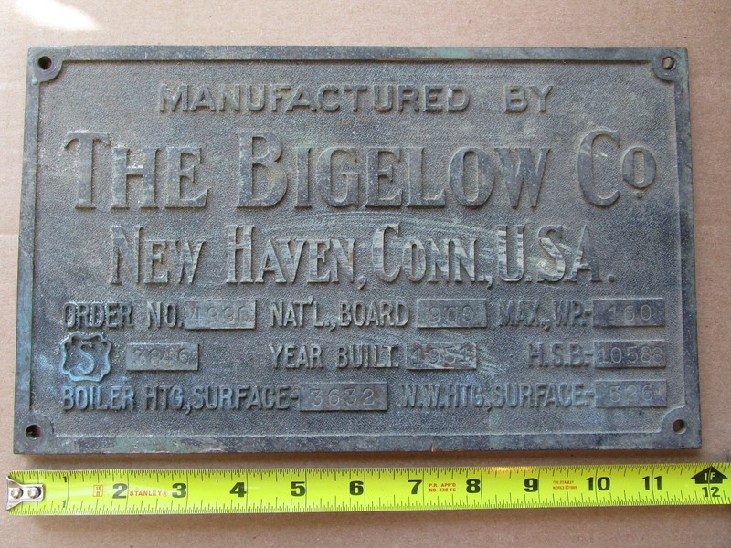 Large New Haven CT bronze builder's plate The Bigelow Co  steam engine boilers