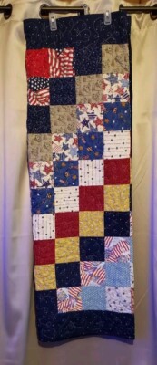 Lap Quilt Handmade Vintage Fabric Patriotic Red White Blue Table Topper 68x52