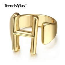 Men Women 14K Yellow Gold Plated Initia Letter A-Z Open Ring Adjustable Size 