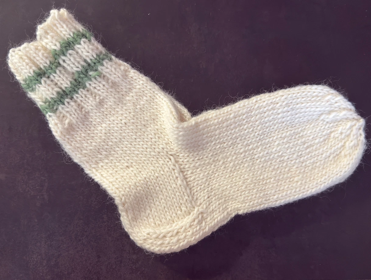 HandKnit 100% Wool Socks White W Green Stripes Cozy Warm Winter Gift Sizes S M L