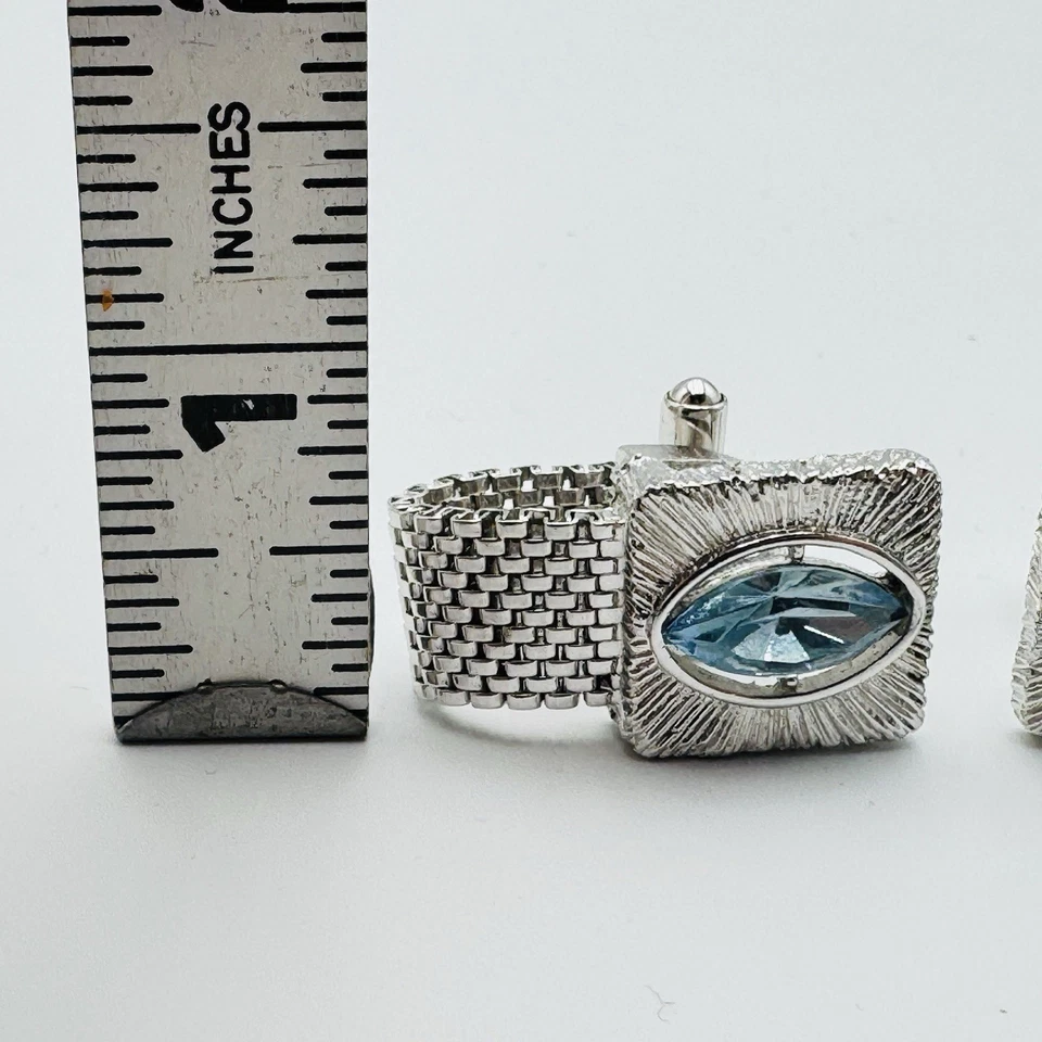 Gemelos Vintage Azul Estrás Cabujón Tono Plata Malla Envoltura Alrededor Foto 4 de 4