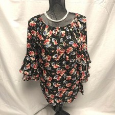Chaps Top Size Small Black Floral Bell Sleeve Blouse Peasant Boho