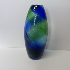 Beautiful Blue Green Tall Swirl Glass Vase 12  Contemporary Vintage Hand Blown