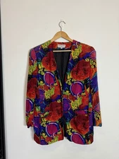 Vintage Michi Moon Sanyo 100% Silk Large Size 12 Blazer Jacket Abstract Floral 