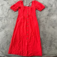 NWT Old Navy Linen Blend Square Neck Button Front Midi Dress SMALL Red Orange