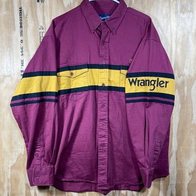 Wrangler Western Shirt Mens XL Spellout Maroon Yellow Long Sleeve Button Down